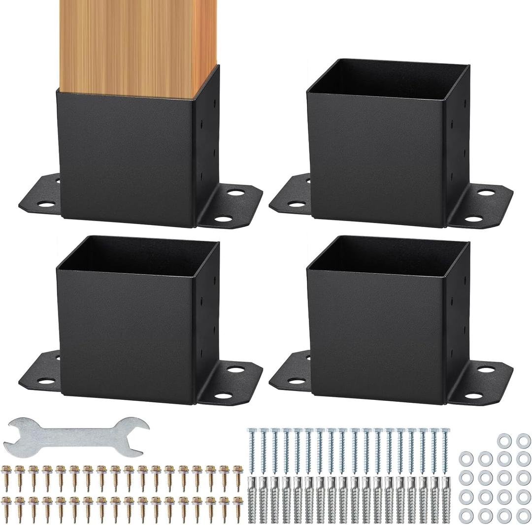VEVOR 6x6 Post Base 4 Pcs, Inner Size 5.6"x5.6" Post Base Brackets, Heavy Duty Powder-Coated Post Anchor Matte Black Wood Post Brackets for Pavilion Deck Railing Support Deck Base Plate