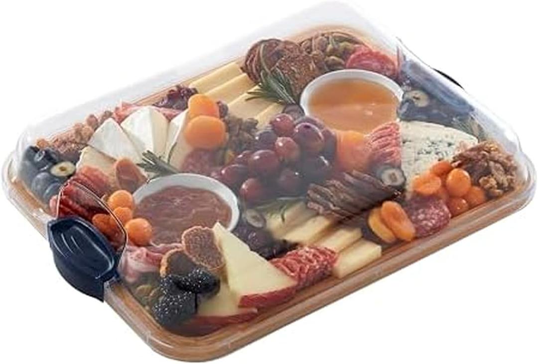 FARBERWARE Build-A-Board Bamboo Cutting Board with Built-in Compartments, Clear Locking Lid & Navy Handles, Ideal for Charcuterie, Snacks & Prep 15.16"L x 11.42"W x 2.95"Th