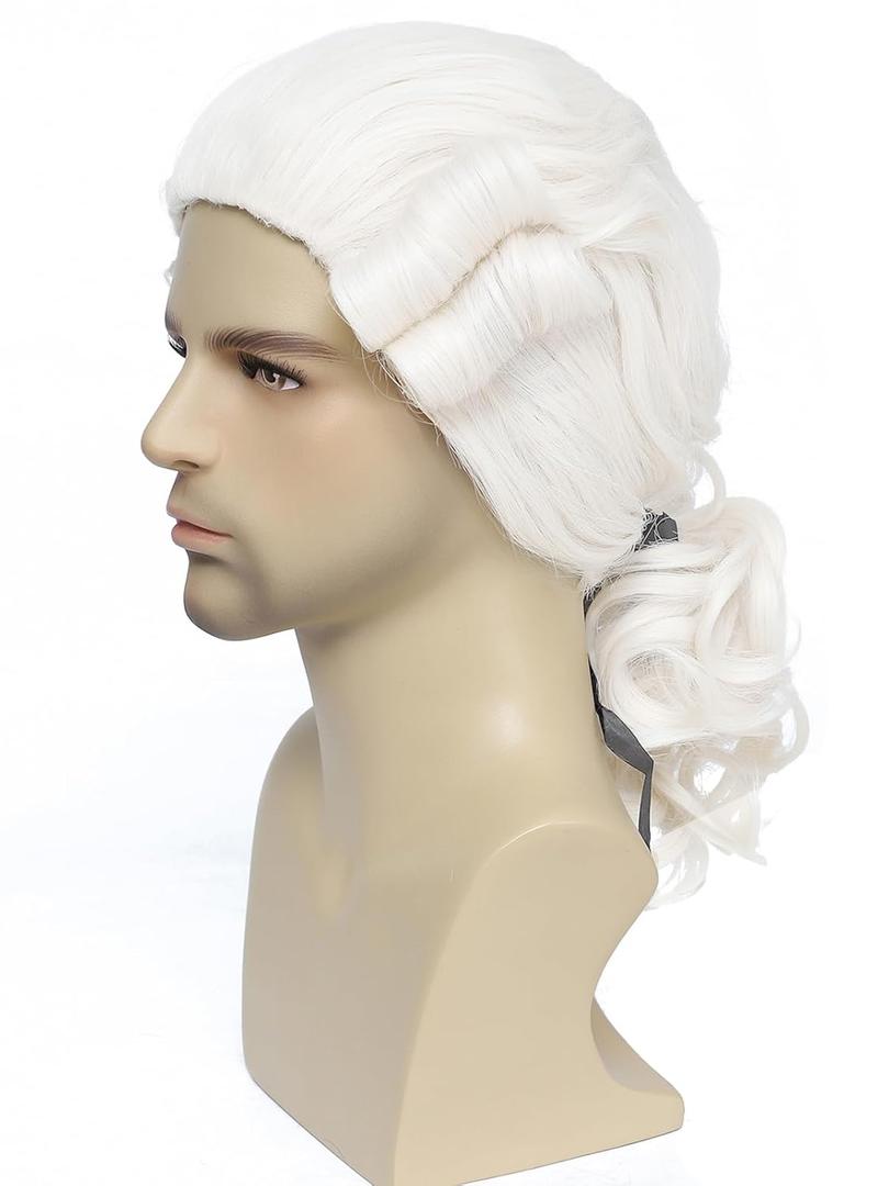 Men's 18th Century Colonial Wig, George Washington Wig Founding Father Costume for Halloween Theme Party Costume (White)