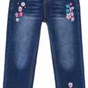 KIDSCOOL SPACE Girls Jeans, Ribbed Elastic Waist Embroidered Denim Pants (10-12 Years, Blue-2125)