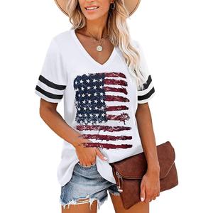 Women's V-Neck Short Sleeve Basic Patriotic American Flag Star Red White Blue Holiday Shirts (White, L)