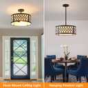 SGLfarmty 15.7" Black Drum Chandelier, 3-Light Semi Flush Mount Ceiling Drum Light Fixture with White Fabric Shade, Farmhouse Hanging Pendant Light for Dining Room Kitchen Island Bedroom