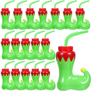 Hoolerry 24 Pack Christmas Elf Boot Cups with Lids and Straws Bulk 10 OZ Santa Elf Boot Plastic Cups for Kids Novelty Party Supplies Winter Holiday Xmas Party Favors Birthday Gift