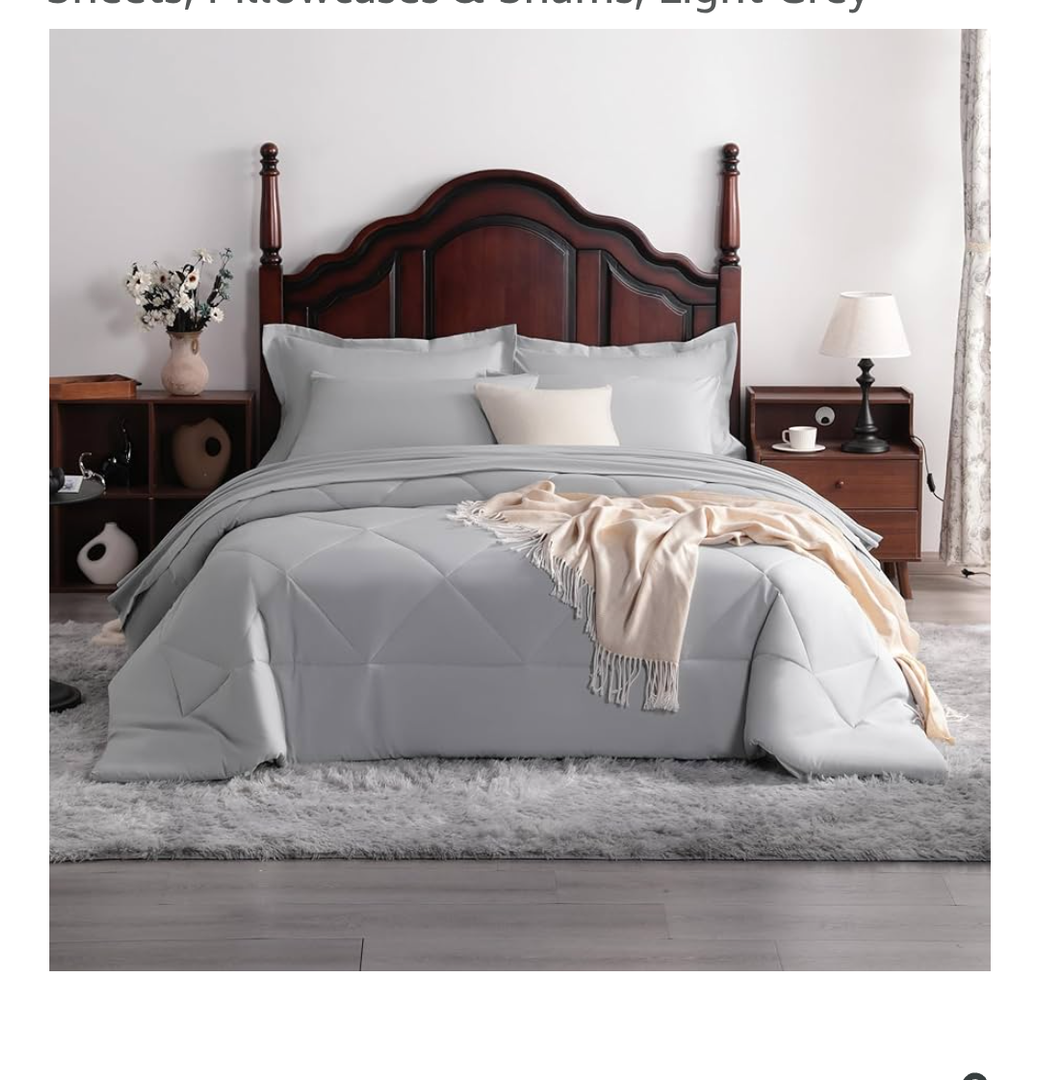 Queen Comforter Set 3 Pieces, All Seasons Bedding Set, Soft and Breathable Queen Bed in a Bag with Down Alternative Comforter, Pillowcases  Light Grey