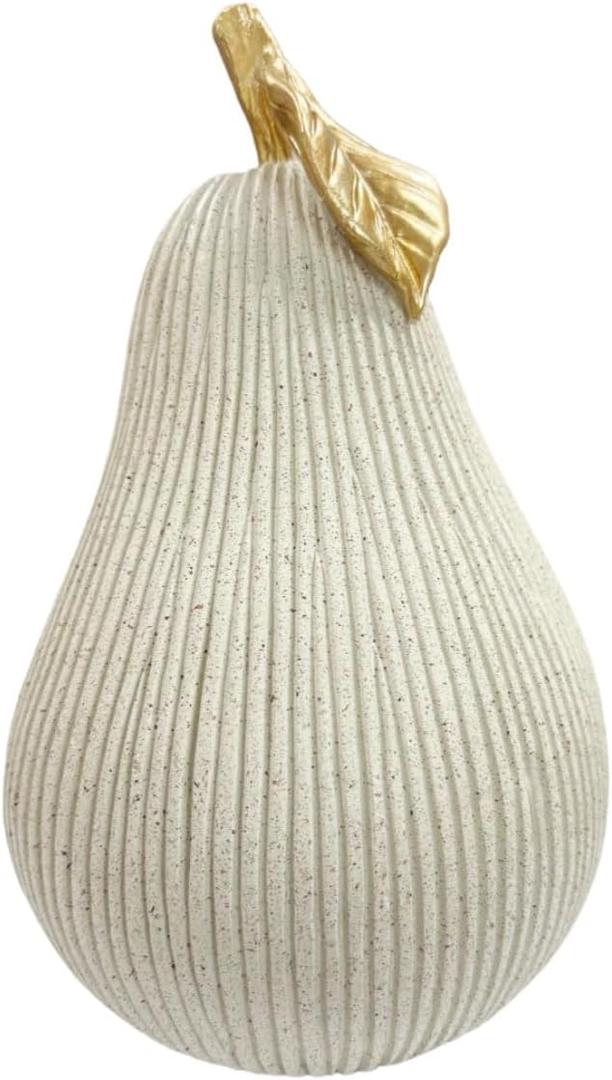 Gray-White Pear Figurine with Gold Leaf, Pear Sculpture for Home Decor, Minimalist Decorative Fruit Statue for Kitchen Counter, Dining Room & Tabletop Display