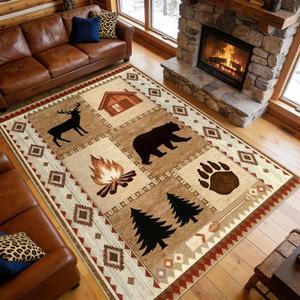 Area Rug 5x7 Rustic Cabin Bear Deer Rug Lodge Country Farmhouse Wildlife Rugs for Living Room Southwesten Machine Washable Non-Slip Printed Low-Pile Indoor Carpet for Bedroom Dining Room Office