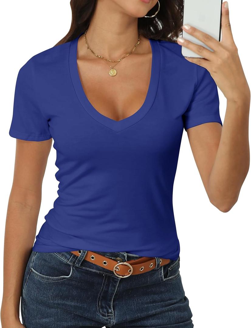 Roselux Women Short Sleeve Deep V Neck Tops Shirts Fitted Cotton Modal Summer Sexy Tshirt Tee Royal Blue, XL