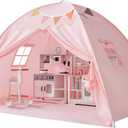 Sumbababy Toddler Bed Tent Canopy: Lights & Flags Indoor Floor Kids Play Tent Playhouse - Portable & Foldable Twin Bunk Bed Curtains - Twin Bed Tent for Girls Gifts (Pink)