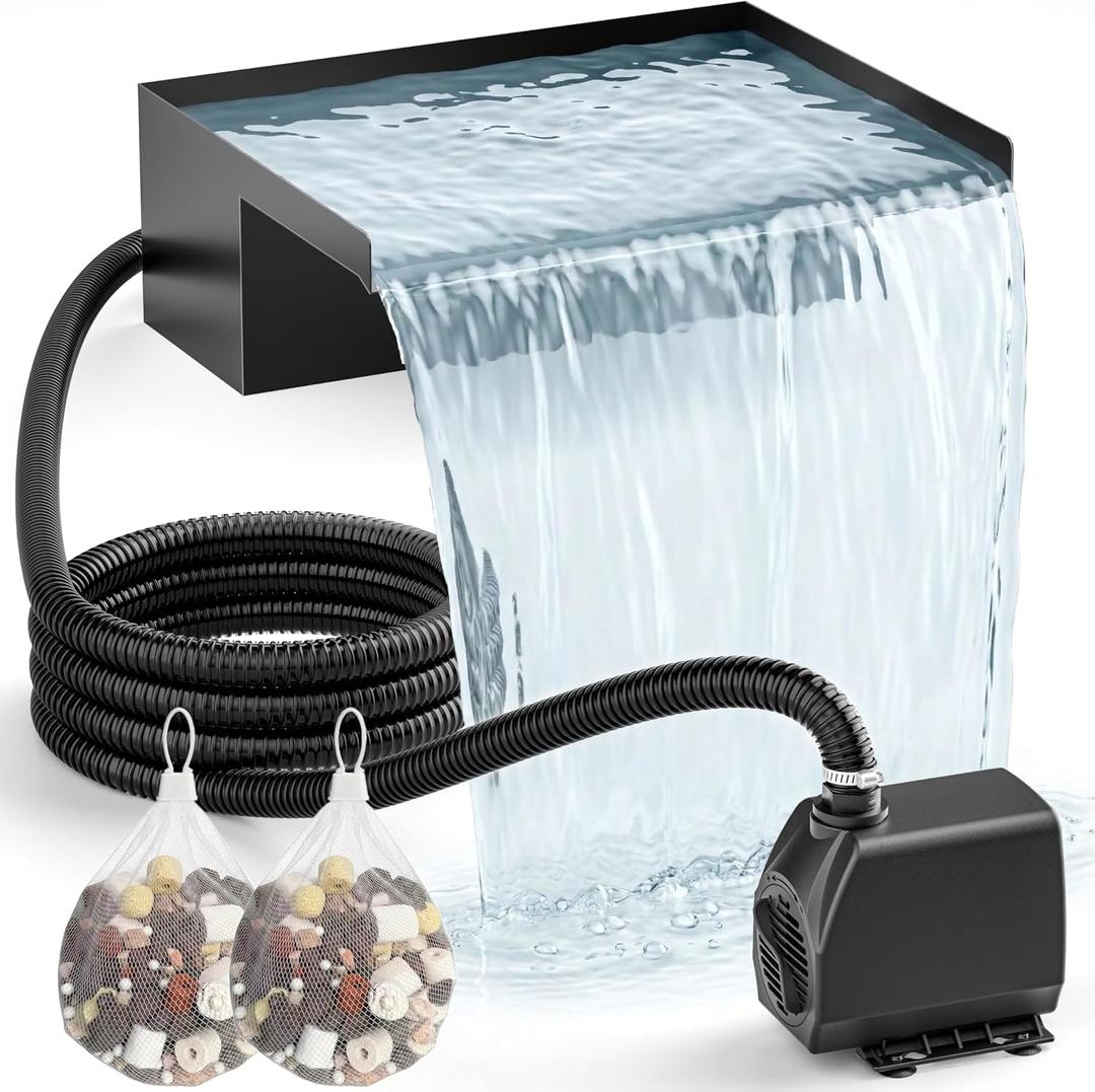 12" Pond Waterfall Kit, 660GPH Ultra Quiet Pump, 304 Stainless Steel Spillway, 9.8FT Freeze-Proof Tubing & 16.4FT Cord - Complete Water Feature Set for Garden, Koi Pond & Backyard Decor