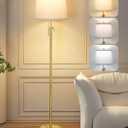 JUNNAI Gold Floor Lamp for Living Room, Tall Standing Lamp 55-65" Adjustable Modern Brass Floor Lamps for Bedroom Reading Office Kids 3 Color Lights Corner Night Stand (9W LED Bulb, White Shade)