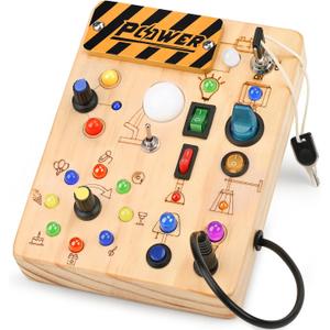 LED Busy Board for Toddlers - Montessori Sensory Toy with 10 Switches & 19 Lights, Wooden Activity Board for Fine Motor Skills, Ideal Educational Birthday Travel Toy Gift for 1 2 3 Year Old Boys Girls