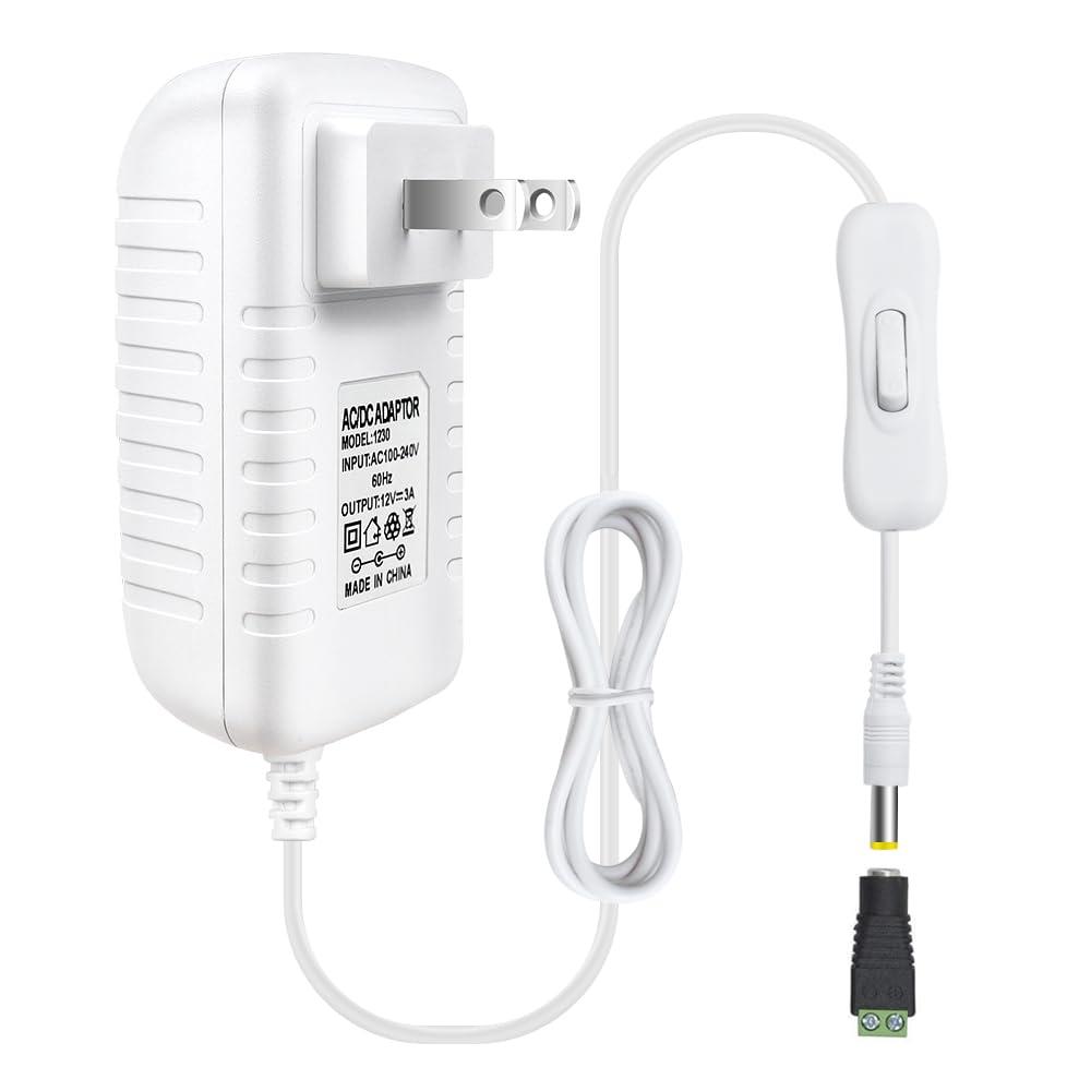 12V Power Supply, 12 Volt 3A 36W DC Power Supply with On Off Switch, White Switching LED Power Adapter, AC 110V to 12V Wall Wart Transformer Plug for LED Strip Lights with 5.5/2.1 DC Female Connector