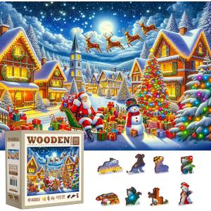 WOODEN.CITY Wooden Christmas Puzzles 1000 Piece - Santas Joyful Journey - Made in EU - 21.25 x 15.5 in