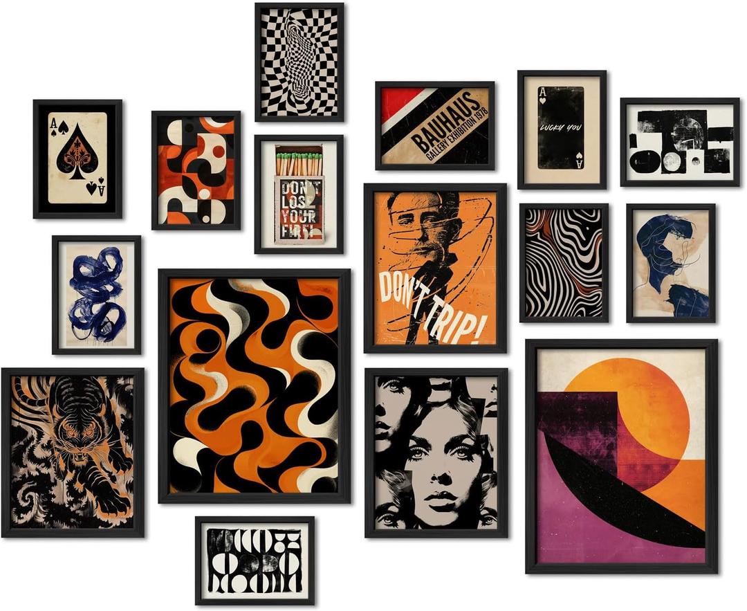 16 PCS Retro 70s Wall Art Decor, Eclectic Vintage Gallery Wall Prints for Bedroom, Abstract Minimalist Posters for Living Room Aesthetic, Collage Kit Pictures, 60s 80s 90s Dorm Home Decor (11"x14" Unframed, Orange)