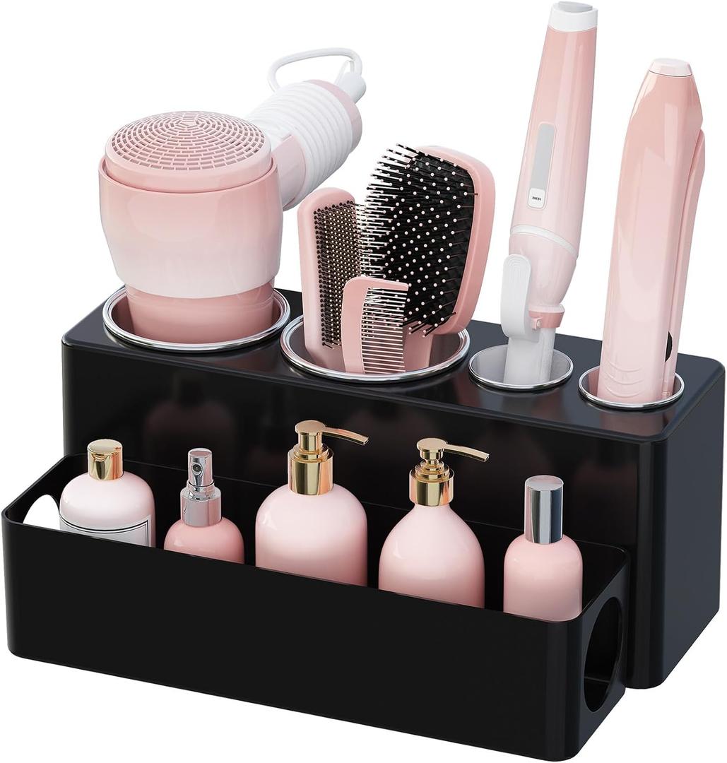 Lifewit Hair Tools Organizer for Vanity, Countertop Blow Dryer Holder, Acrylic Hot Tool Organizer for Hair Dryer, Brush, Curling Iron, Straightener in Bathroom, 4 Stainless Cups, Black