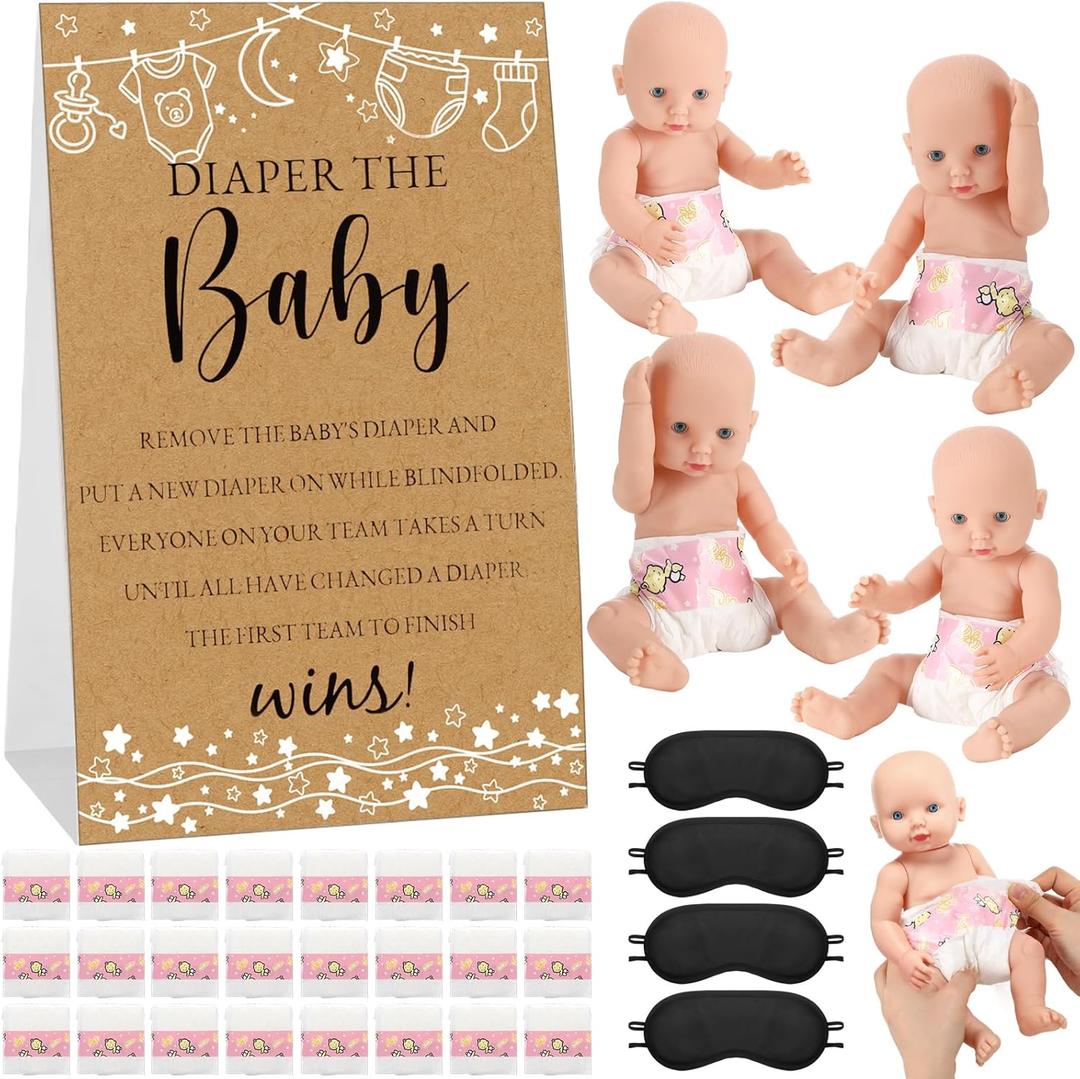 33 Pcs Baby Shower Diaper Changing Game Supplies Including Dolls Blindfold Diapers Wooden Sign for Changing Race Gender Reveal Party Favors(Retro)