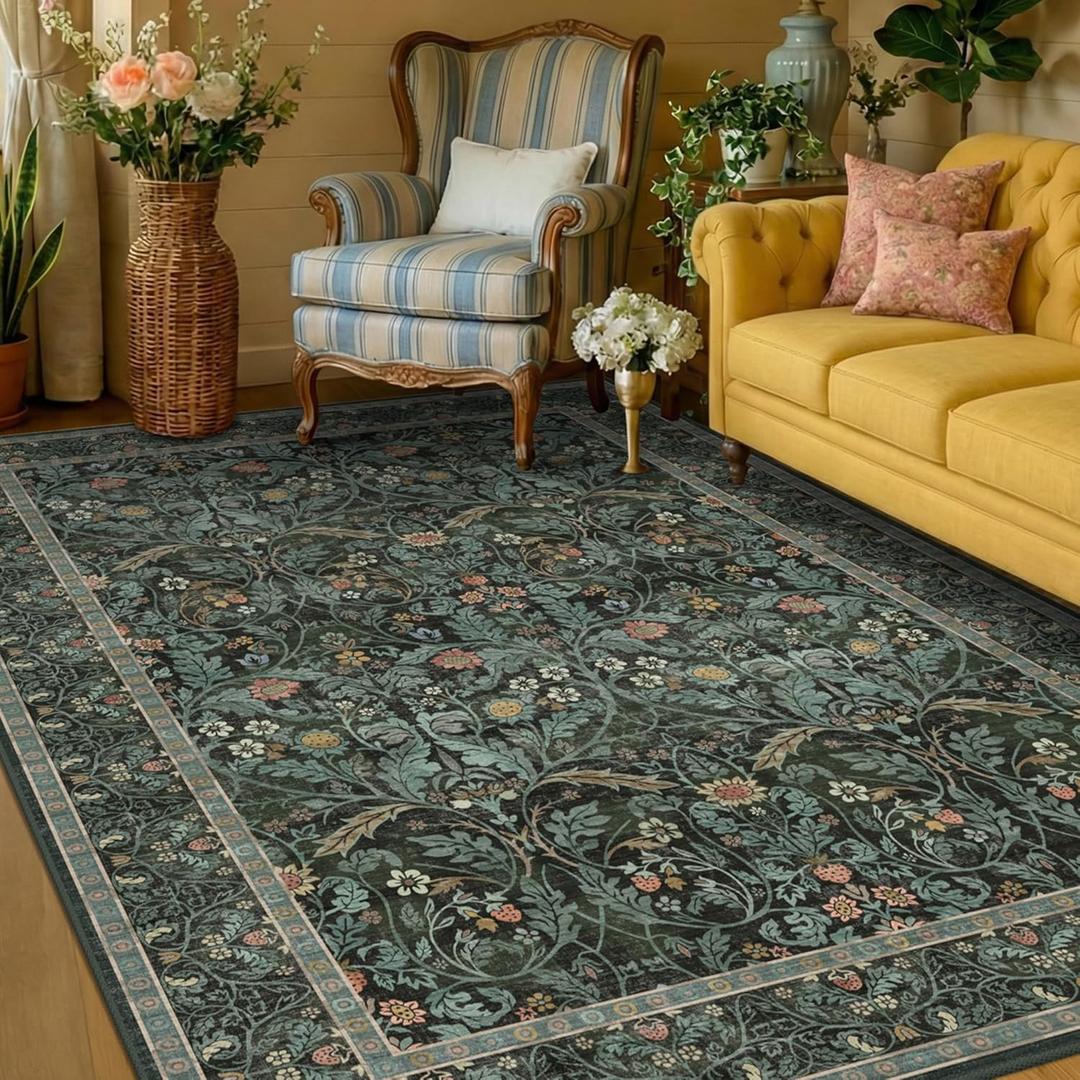 Dark Green Area Rug for Living Room, Floral Washable Rugs 5x7 for Bedroom, Dining Room, Classroom, Moody Home Office Dcor, Low Pile Non Slip Mat Indoor, Forest Botanical Pattern Carpet