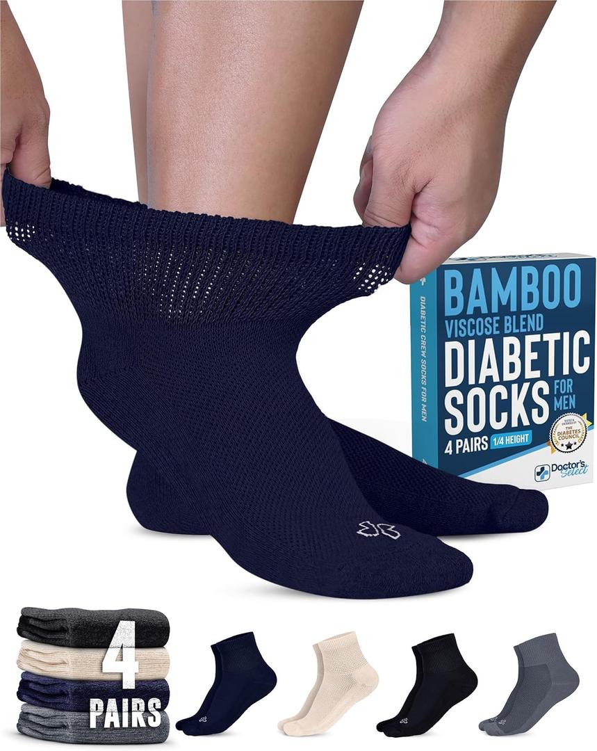 Doctor's Select Diabetic Socks for Men - 4 Pairs Diabetic Ankle Socks for Men | Non Binding Neuropathy Socks (M)
