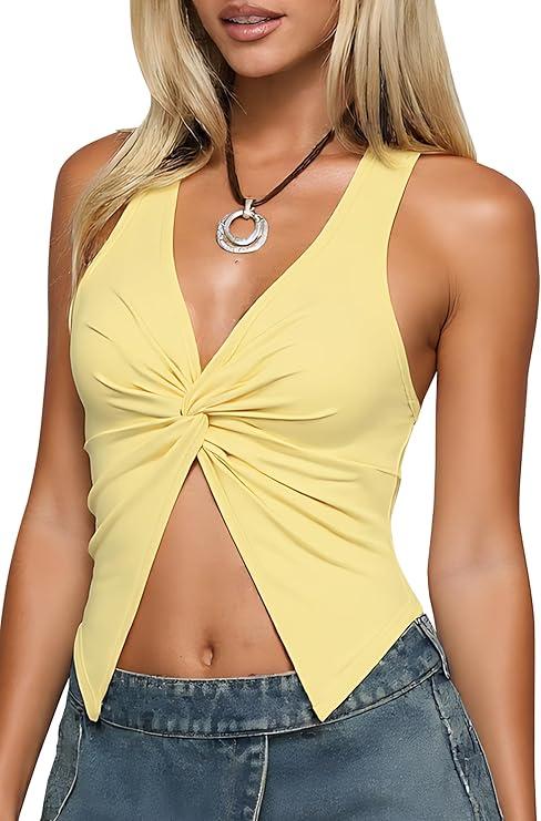 Yellow Halter Top Women Backless Tank Top Sleeveless Asymmetrical Twist Front Tops Y2k Trendy XS