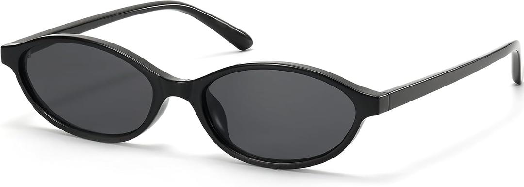 ViewJoy Retro Oval Cat Eye Sunglasses for Women Small Y2K Thin Frame 100% UV Protection Lightweight Vintage 90s Slim Black Sun Glasses