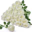Serwalin 20PCS Artificial White Roses, 4'' Big Flower Head, Ivory Silk Roses, Velvet Fake Roses Bouquet Long Stem Roses for Home Decor Wedding and Table Centerpiece