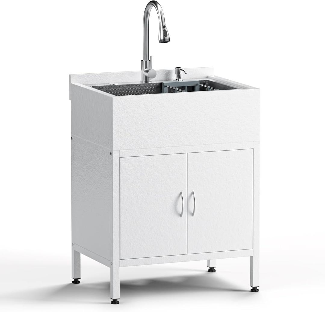 Laundry Sink with Cabinet, 26-Inch Wider Stainless Steel Utility Sink, Full Body Heavy Duty Design for Kitchen, Bathroom, Garage & Multi-Use Applications