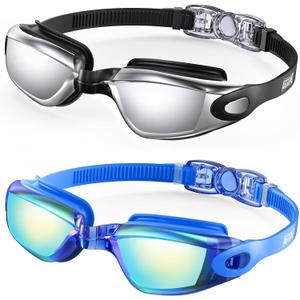 Aegend Swim Goggles, 2 Pack Swimming Goggles No Leaking Adult Men Women Youth (Bright Blue & Sliver)