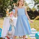 Arshiner Girls Summer Dress Maxi Spaghetti Strap Ruched Flowy Beach Boho Casual Teen Girl Sundress 6-14 Years (Blue)