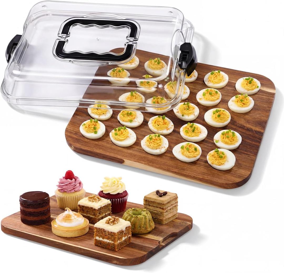 Baderke Easter Acacia Wood Deviled Egg Platter with Lid 24 Holes 15 x 11.3 Inch Deviled Egg Tray Reversible Wooden Charcuterie Board Serving Containers for Home Countertop Party Kitchen