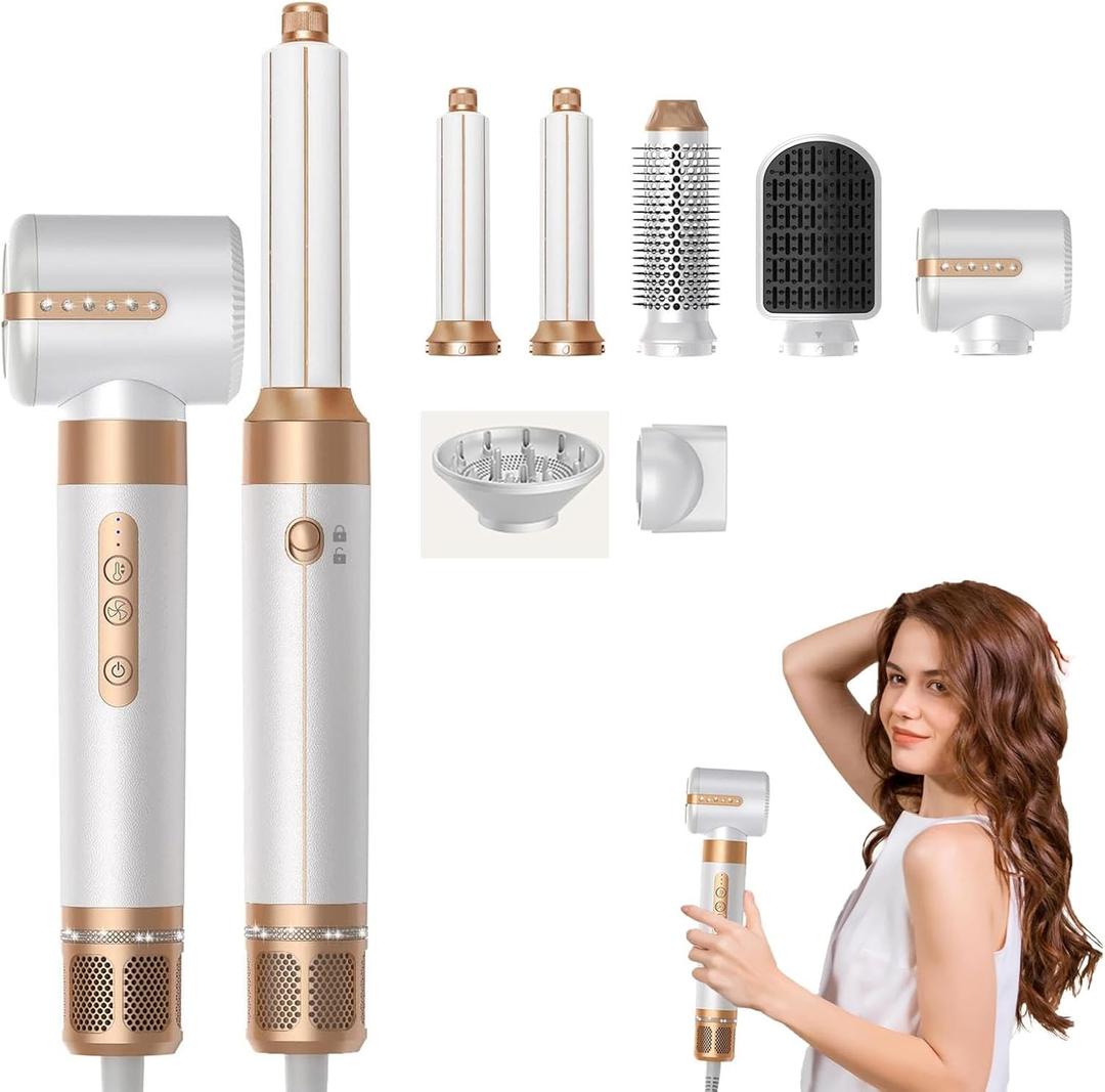 7 in 1 Hair Dryer Brush, Professional Hot Air Styler, 110000 RPM High-Speed Blow Dryer with Negative Ions for Fast Drying Curling Straightening Volumizing Versatile Hair Styling Tool (White)