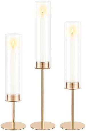 POKINE Gold Candle Holders Set of 3 for Glass Taper Candle Holders,Hurricane Candlestick Holder for Home Decor, Wedding, Dinning, Party Decorative, Anniversary (3,Gold)