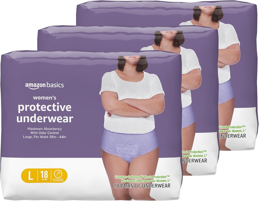 Basics Incontinence Underwear for Women, Protective, Disposable, Postpartum, Maximum Absorbency, Large, Lavender, 54 Count (3 Packs of 18)