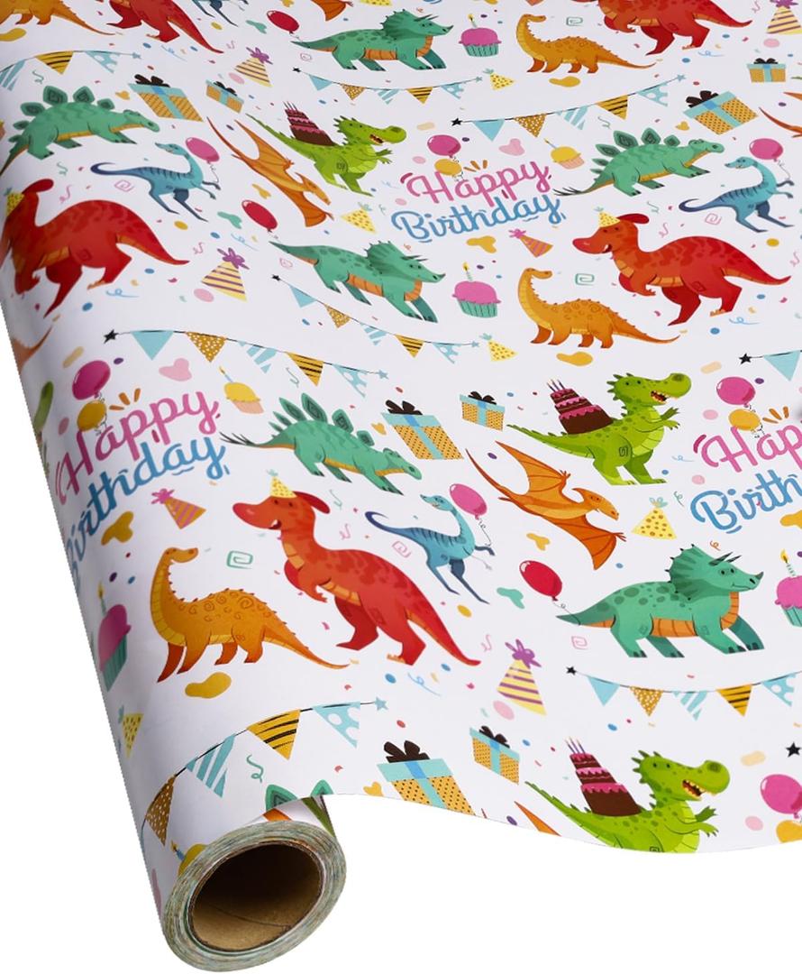 RayofSun Gift Wrapping Paper Roll,Cute Dinosaurs Happy Birthday Wrapping Paper for Boys,Wrapping Paper Rolls Gift Wrap Paper Dinosaur Parties,Baby Showers,Happy Bday Wrap,17 inch X 120 inch Per Roll