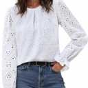 IWH Womens Eyelet Tops Dressy Casual Long Sleeve Pleated Blouses 2025 Trendy Fall Crewneck Embroidered Lace Shirts (Large, White)