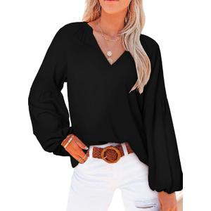 SHEWIN Blouses for Women Dressy Casual Solid Lantern Long Sleeve Boho Tops Loose V Neck Spring Shirts Trendy Fall Clothes for Women 2025,US 4-6(S),Black