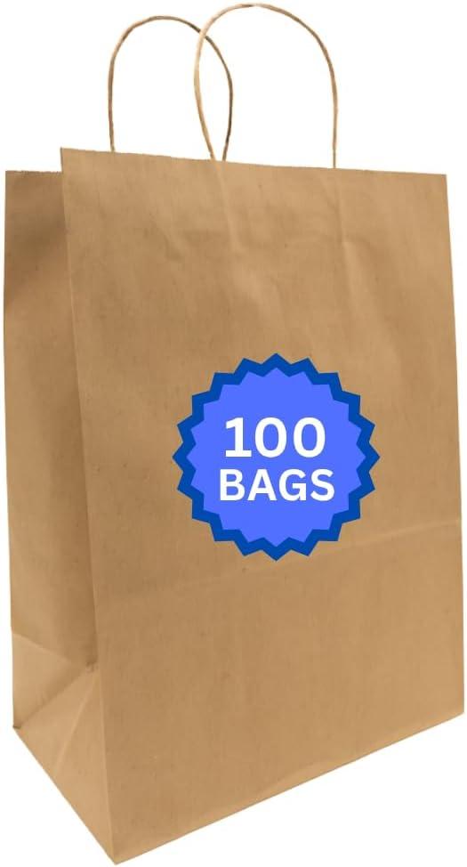ASSUREPAK DIY Grocery Paper Bags - 100 Bags - 12"x9"x16" - 74LB (110 GSM strong) Twisted Handle - Kraft/Natural - Recyclable Food & Supermarket Bags for Decorating & Branding, 1 Count
