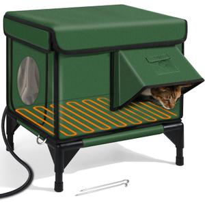 Large Heated Cat House for Outside in Winter, Elevated Insulated Heated Outdoor Cat House Weatherproof with Heating Pad, Waterproof Outdoor Cat Shelter for Multiple Cats Small Dogs(Green)