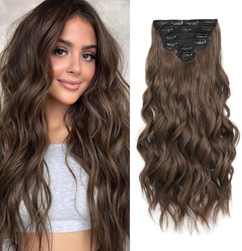 Fliace Clip in Hair Extensions, 4 PCS Natural & Soft Hair & Blends Well Hair Extensions, Dark Brown Long Wavy Hairpieces(24inch, 6pcs, Chocolate Brown)
