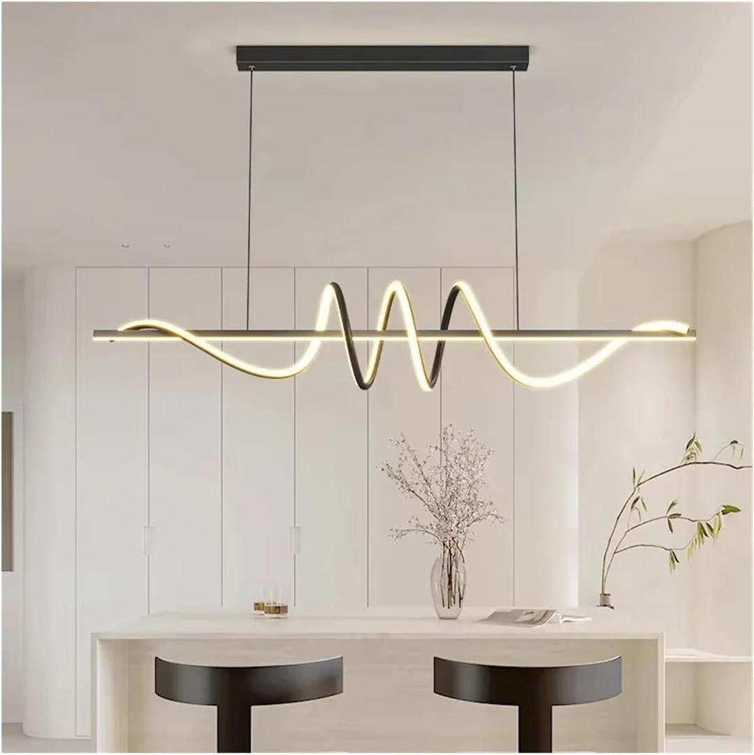 Minimalist Linear Wavy LED Pendant Light, Dimmable Dining Table Chandelier for Living Room Bedroom, L100/120cm(Black,L120cm)