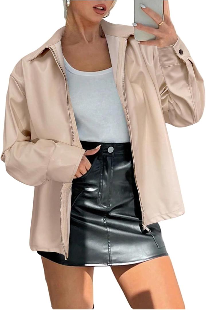 Verdusa Women's PU Leather Jacket Zip Up Long Sleeve Collared Bomber Coats Outwear (XS)