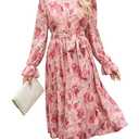 ANRABESS Women's Floral Chiffon Midi Dress Puff Long Sleeve Mock Neck Summer Wedding Guest Party Dresses Fall 2026 Outfits Pink Red Rose, Large