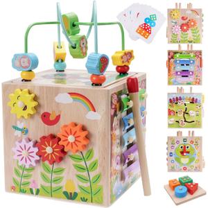 Wooden Activity Cube | Montessori Toys for 1 2 3 Year Old Toddlers | One Year Old 1st First Birthday Gift | Educational Toys for 12+ Months Baby Boys Girls | Bonus Sorting & Stacking Game (Pink)