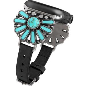 W-RARA Leather Band Compatible with Apple Watch Band Women 42/44/45/46/49mm, Boho Western Vintage Turquoise Ethnic Antique Style Strap for iWatch Series 3 2 1