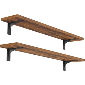 HOOBRO Floating Shelves for Wall, 31.5" Wall Mounted Shelves Set of 2, Hanging Storage Shelf with Metal Brackets, Wooden Shelf for Living Room, Bedroom, Bathroom, Rustic Brown and Black BF82BJP201G1