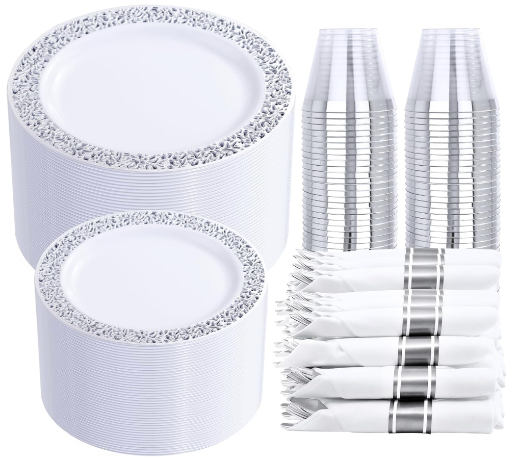 DaYammi 210PCS Silver Plastic Dinnerware Set for 30 Guests, Fancy Disposable Plates for Party, Include: 30 Dinner Plates, 30 Dessert Plates, 30 Pre Rolled Napkins with Silver Silverware, 30 Cups
