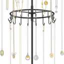 iDavosic.ly 2 Tier Rotating Necklace Holder Organizer with 42 Hooks, Adjustable Metal Bracelet Display Stand Rack, Extra Tall Keychain Spinning Tree Tower for Women, Black