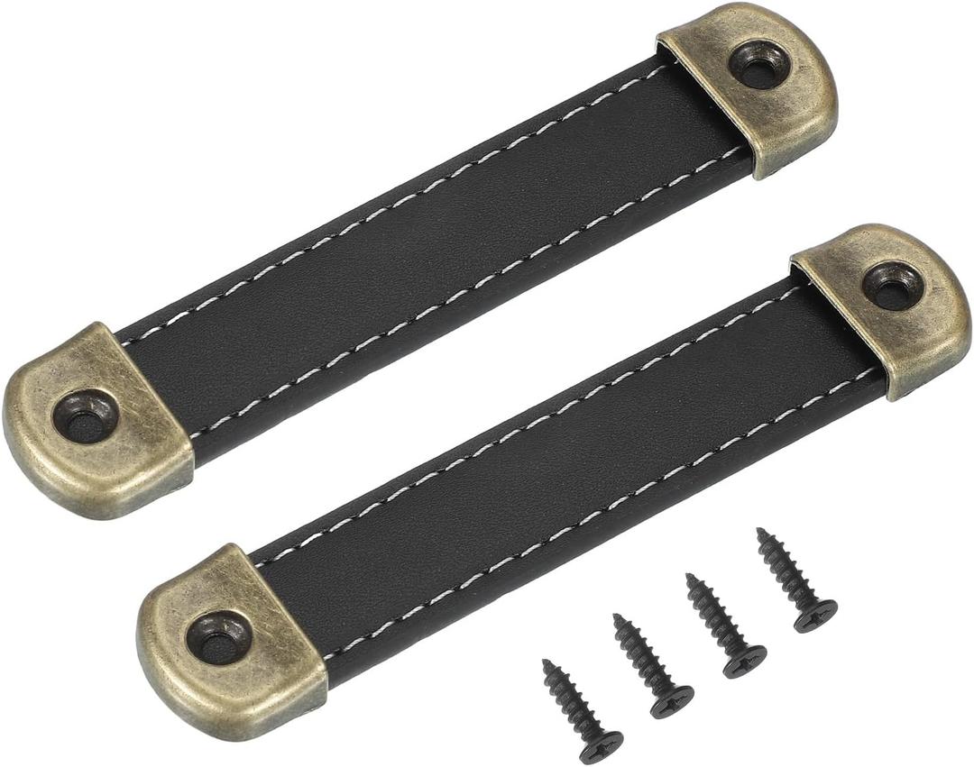 PATIKIL 4.4" Leather Drawer Pulls with Iron Sheet, 2 Pcs Leather Strap Trunk Handle Cabinet Knobs Hardware Replacement with 18mm Screws for Dresser Door Suitcase Luggage, Black