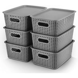 AREYZIN Plastic Storage Baskets Bins With Lid Organizing Container Lidded Knit Storage Organizer Bins for Shelves Drawers Desktop Closet Playroom Classroom Office, 6 Pack (Grey)