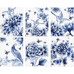 NIIORE Chinoiserie Blue Floral Birds Butterfly Wall Art Prints, Vintage Farmhouse Decor, Watercolor Flowers Botanical Plant Canvas Art Prints for Bedroom Garden Decoration, Set of 6 (8"x10" Unframed)