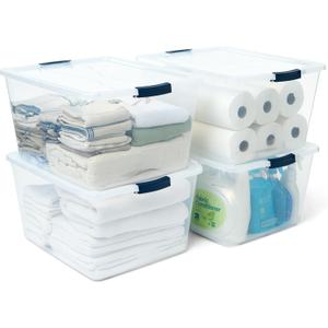 Rubbermaid Cleverstore 71 Qt Clear Storage Bins with Latching Lids, 4-Pack, Stackable, BPA-Free, Made in USA